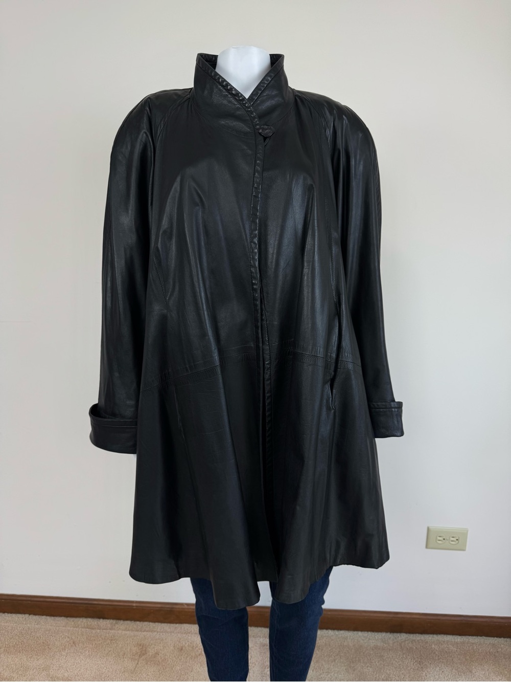 York Furrier Butter Soft Lambskin Leather Coat Black Oversized Y2K A Line Sz S - Picture 4 of 15